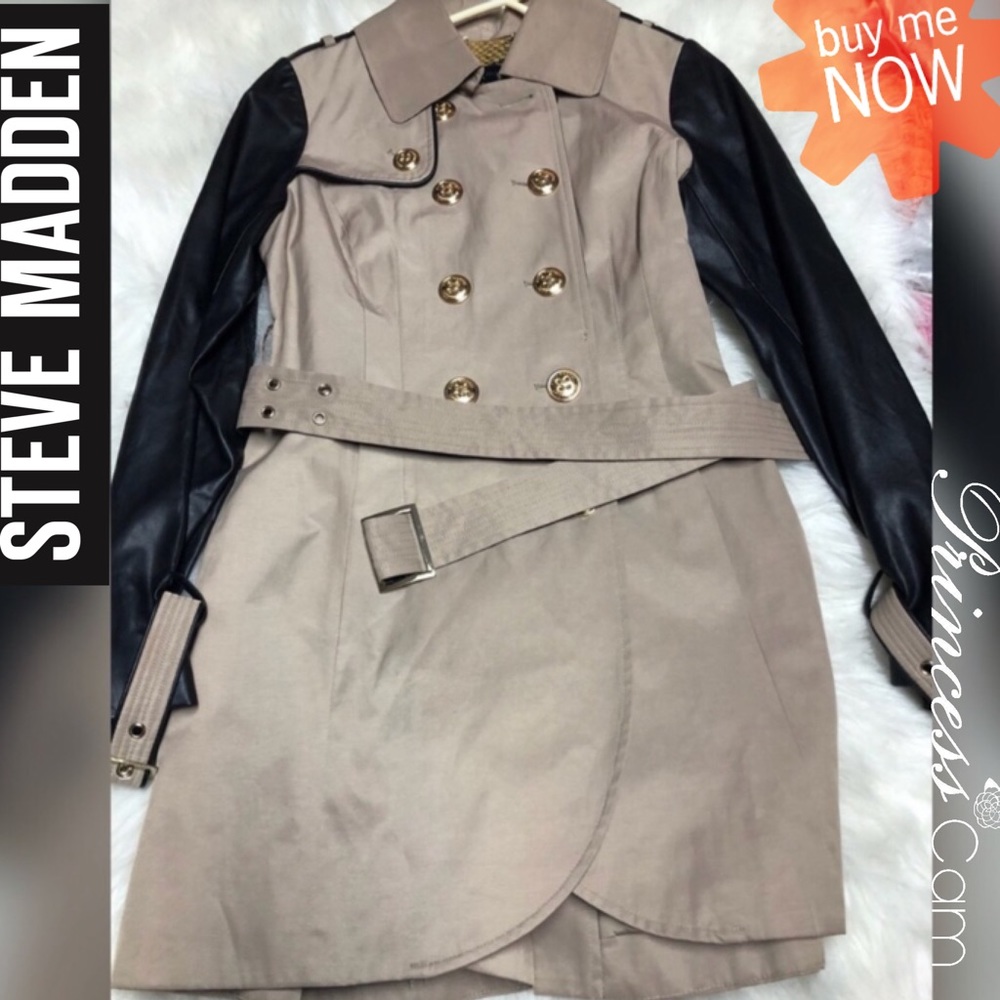 👑Steve Madden Black Leather & Taupe Trench Coat - Picture 5 of 8